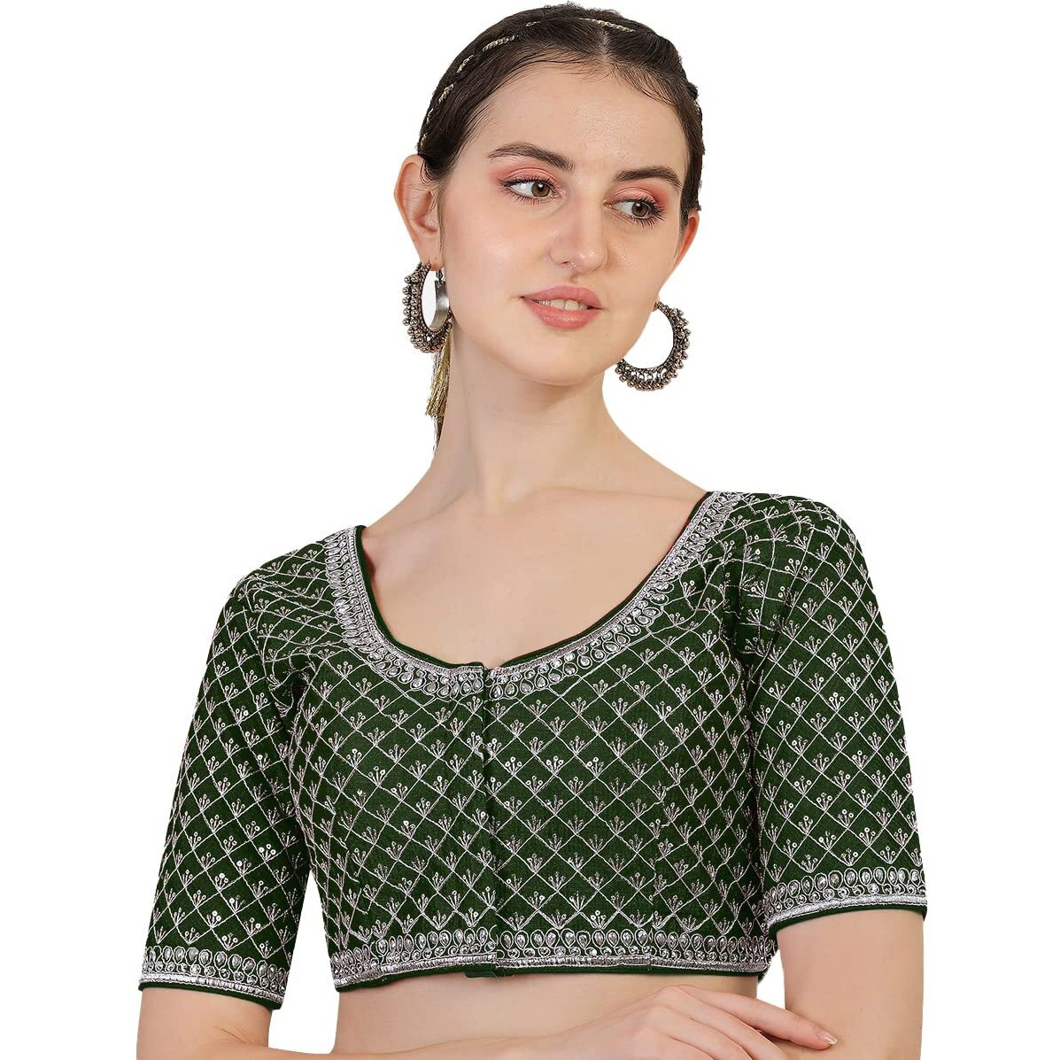 Pujia Mills Women's Heavy Silver Jari Thread Readymade Blouse for Saree Lehenga (Dark Green, 38)