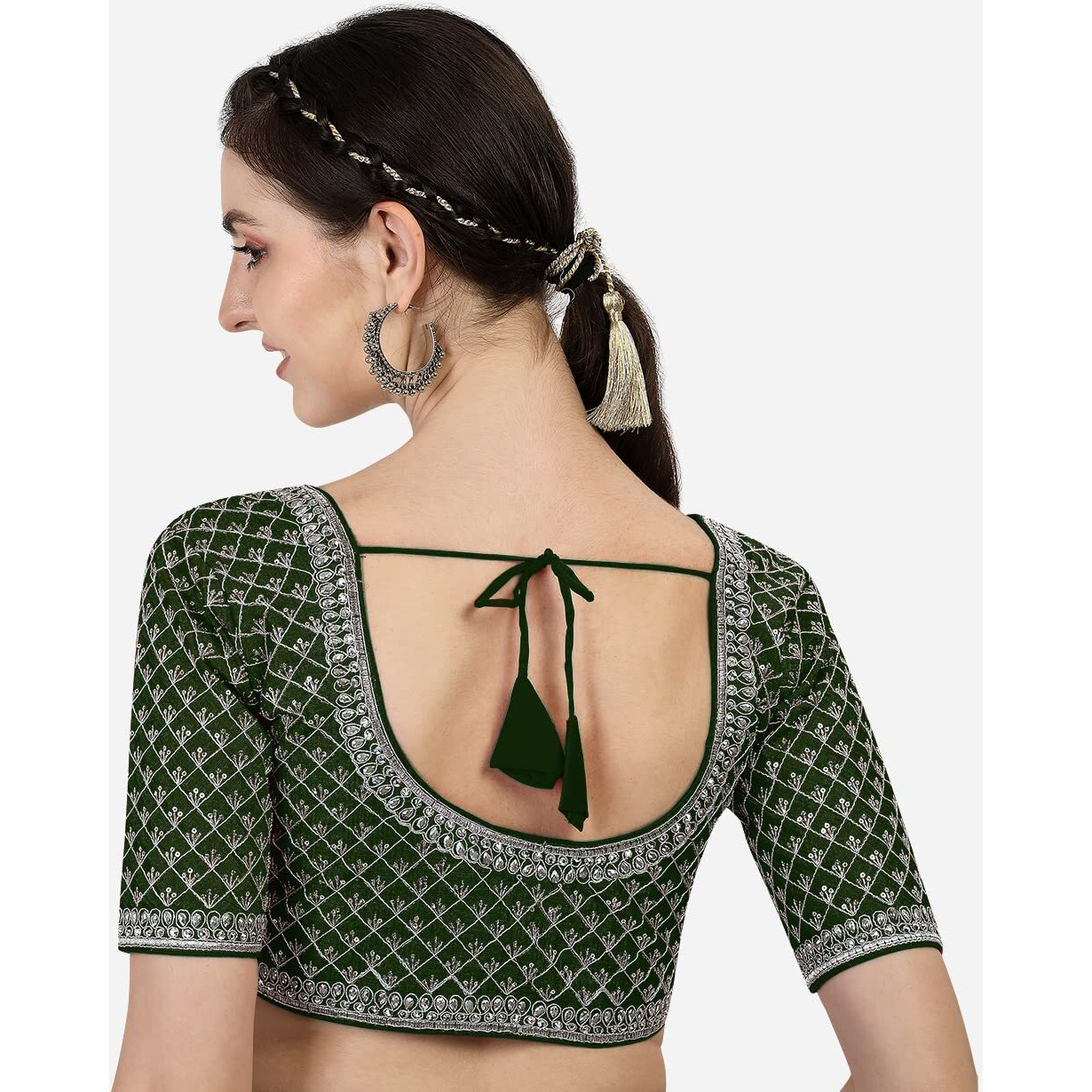 Pujia Mills Women's Heavy Silver Jari Thread Readymade Blouse for Saree Lehenga (Dark Green, 38)