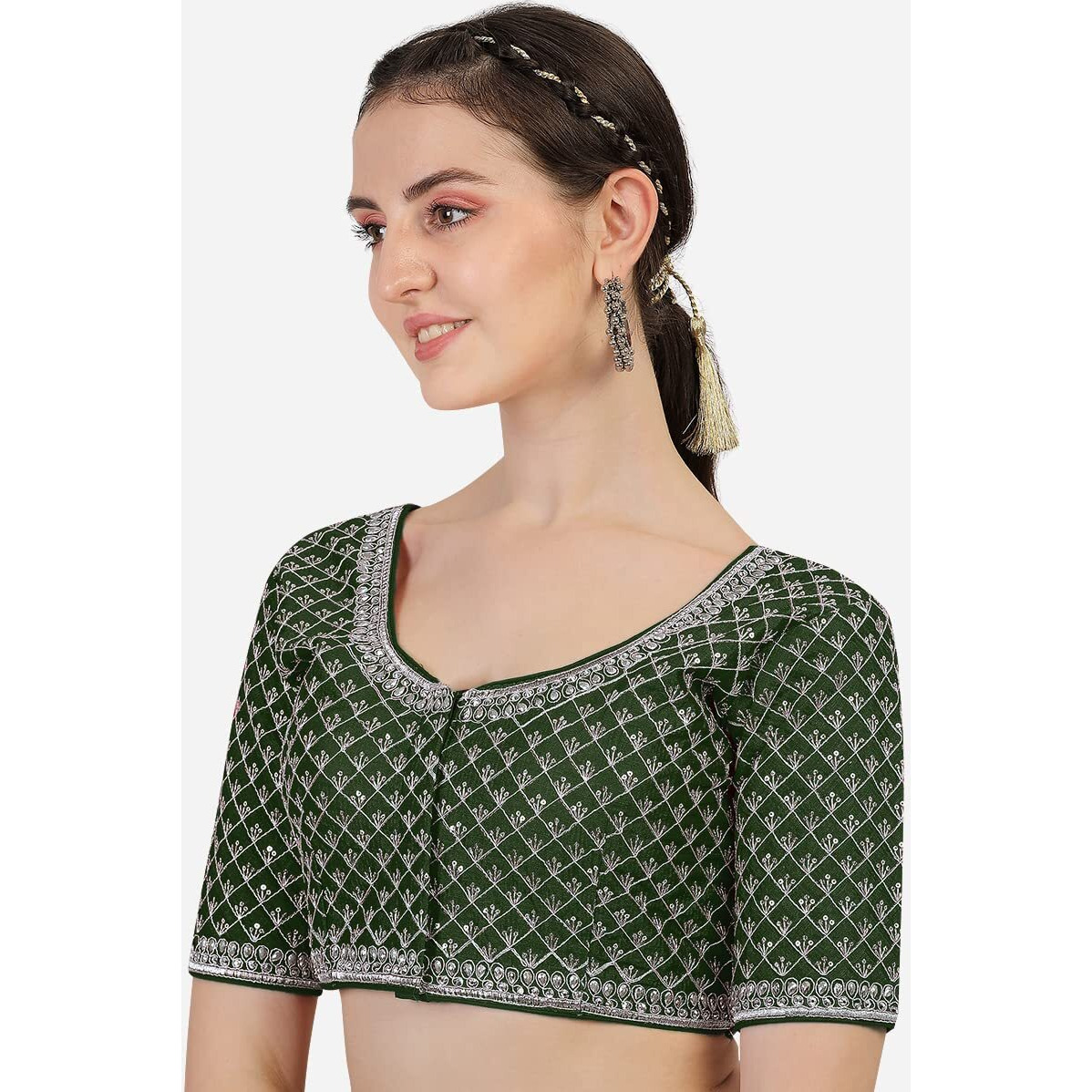 Pujia Mills Women's Heavy Silver Jari Thread Readymade Blouse for Saree Lehenga (Dark Green, 38)