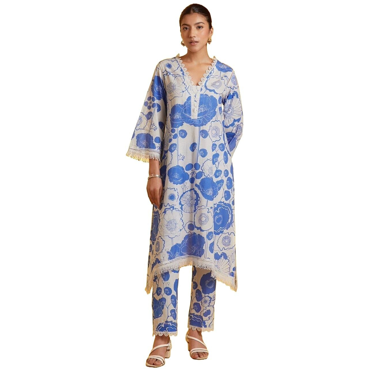 LookMark Women's Printed Cotton Blend Straight Kurta Pant Set with Lace - Comfortable Ethnic Wear for Women, Elegant Design, Suitable for Various Occasions (AZ-LM-OG-KS2118 Blue-XXL)