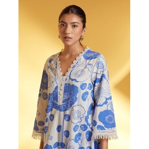 LookMark Women's Printed Cotton Blend Straight Kurta Pant Set with Lace - Comfortable Ethnic Wear for Women, Elegant Design, Suitable for Various Occasions (AZ-LM-OG-KS2118 Blue-XXL)