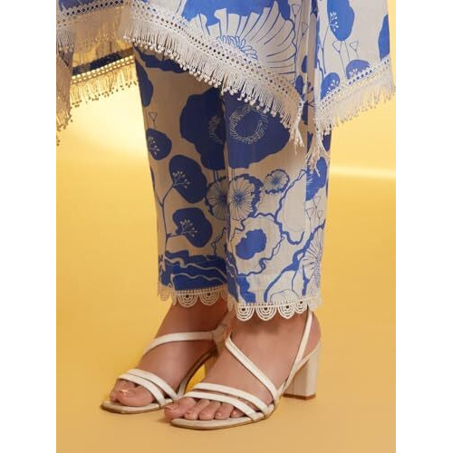 LookMark Women's Printed Cotton Blend Straight Kurta Pant Set with Lace - Comfortable Ethnic Wear for Women, Elegant Design, Suitable for Various Occasions (AZ-LM-OG-KS2118 Blue-XXL)
