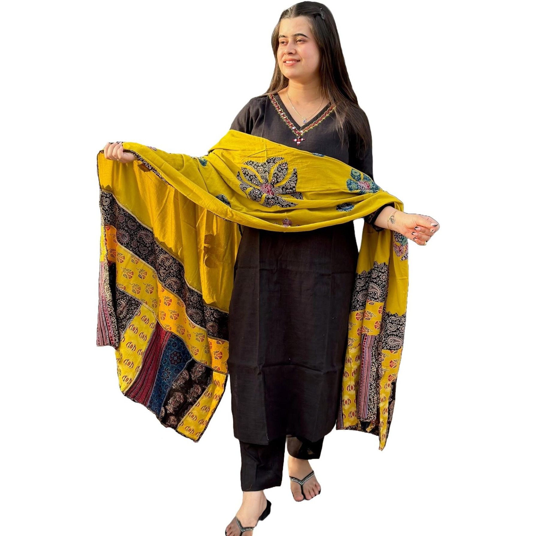 GoSriKi Women's Cotton Blend Embroidered Straight Kurta with Pant & Dupatta (Fronx Black-GS_M_Black_Medium)