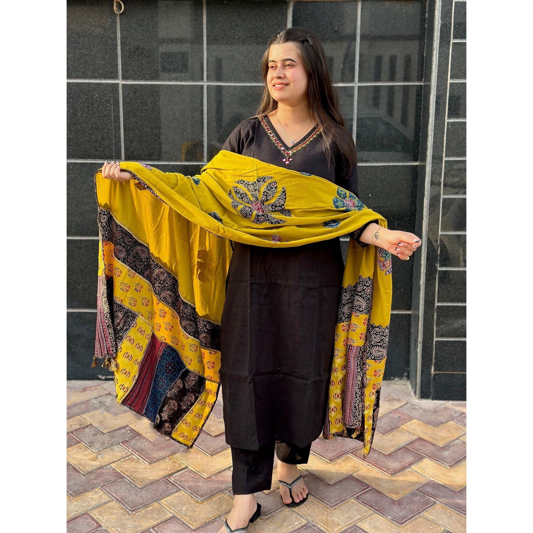 GoSriKi Women's Cotton Blend Embroidered Straight Kurta with Pant & Dupatta (Fronx Black-GS_M_Black_Medium)
