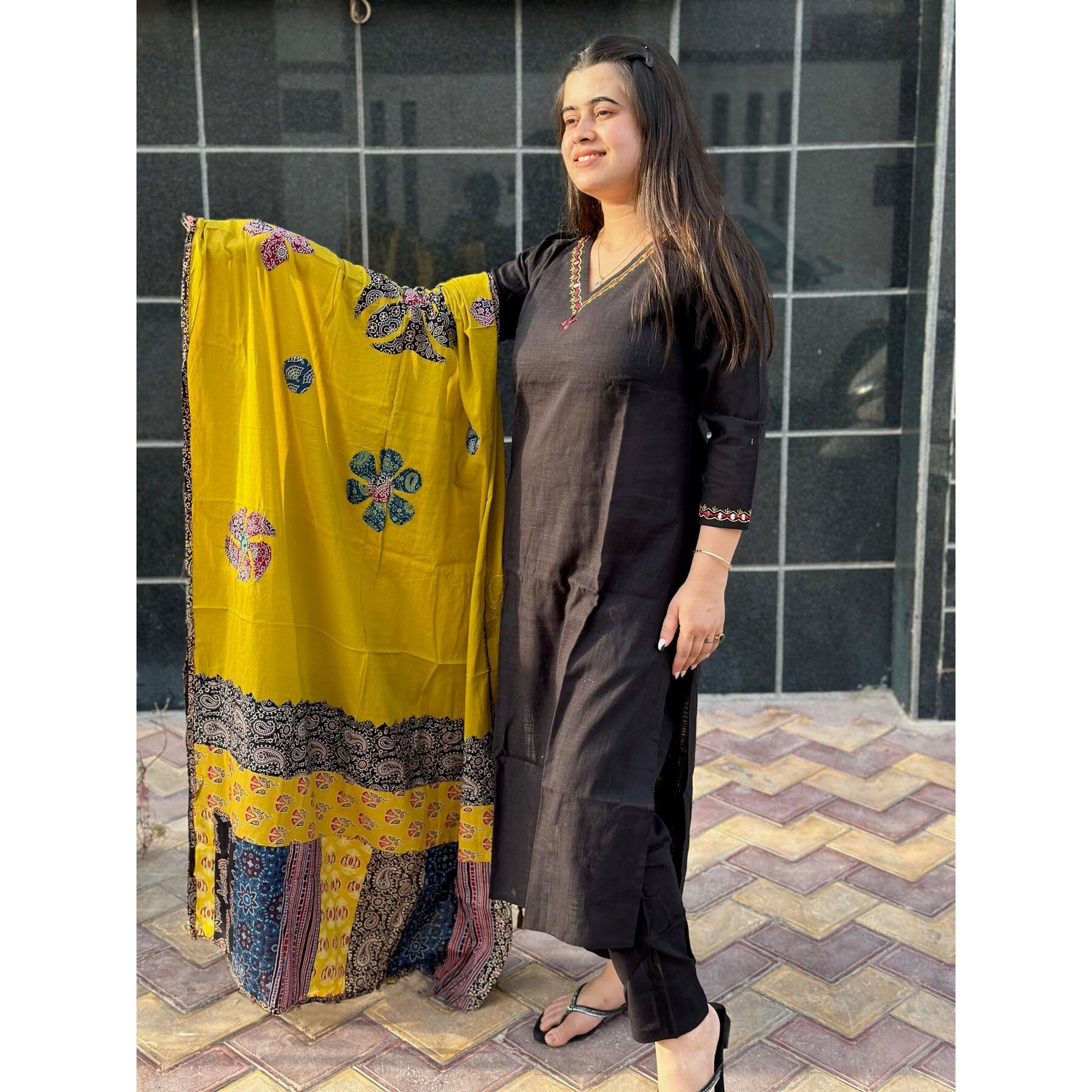 GoSriKi Women's Cotton Blend Embroidered Straight Kurta with Pant & Dupatta (Fronx Black-GS_M_Black_Medium)