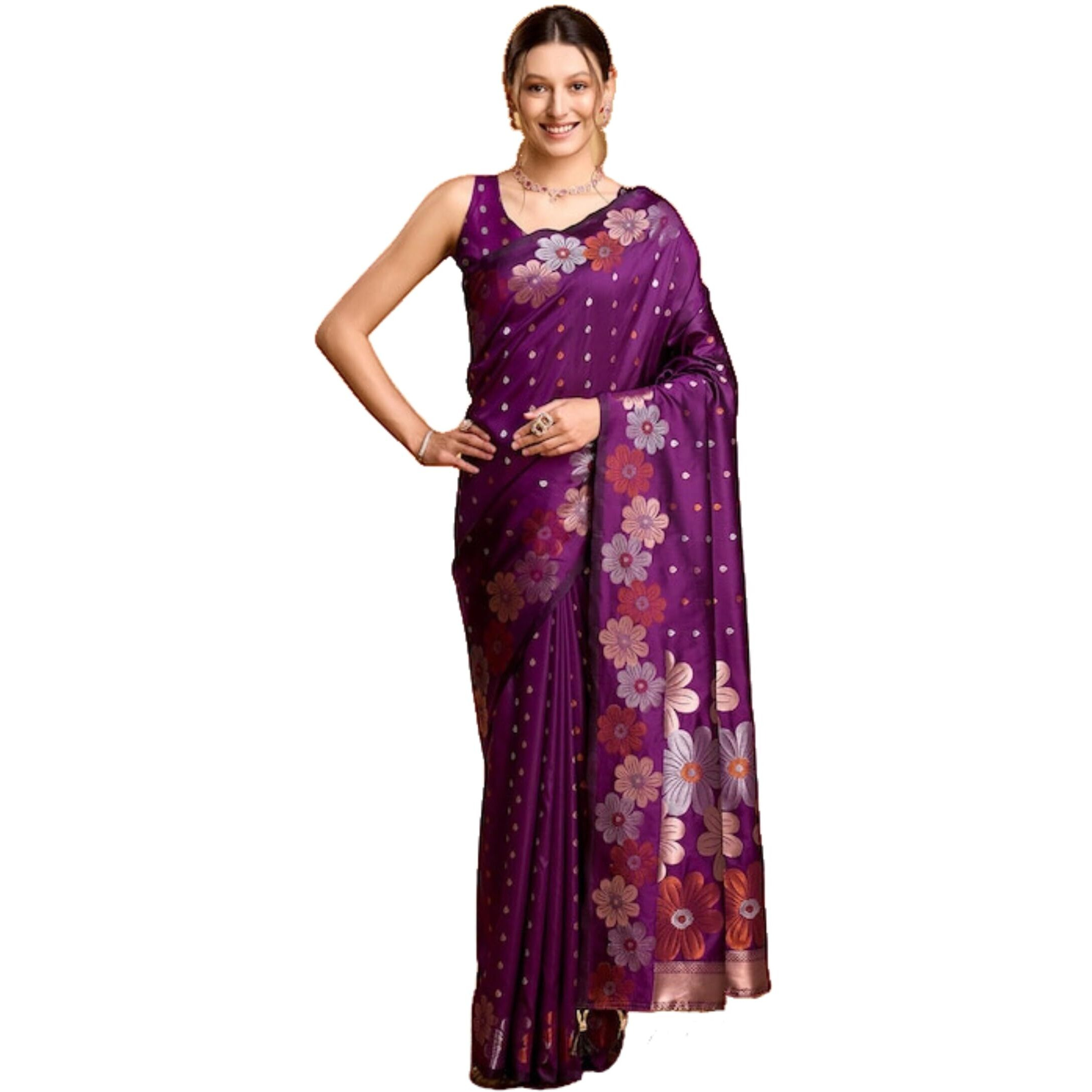 C J Enterprise Women's Banarasi Saree Pure Kanjivaram Silk Saree Soft Design Wear Pattu Sarees Latest Cotton With Blouse Piece Kanchipuram for Wedding sadi new ladies 2025 (Champa-51) (Purple)