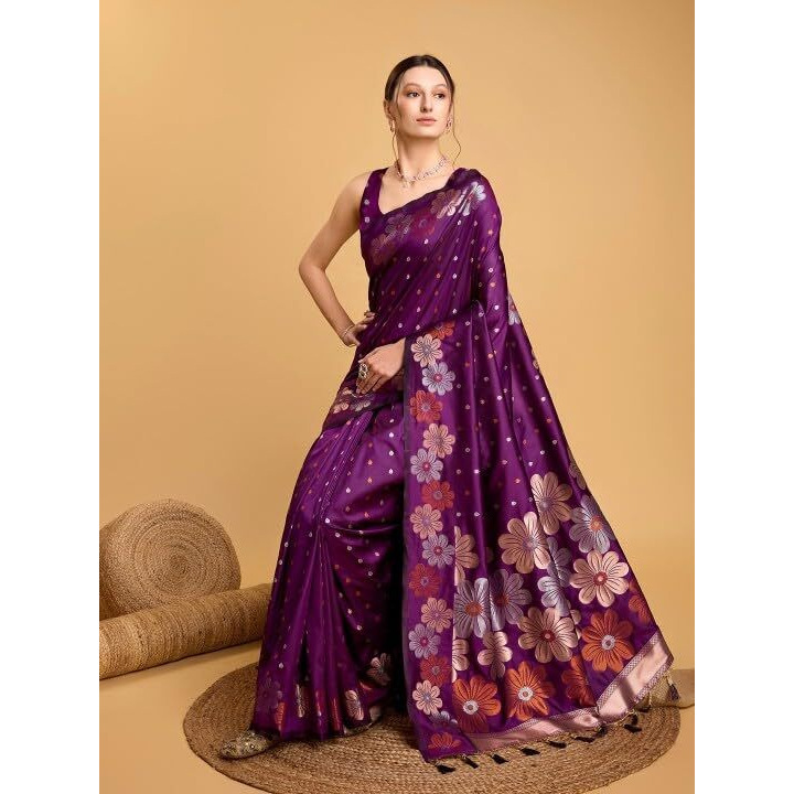 C J Enterprise Women's Banarasi Saree Pure Kanjivaram Silk Saree Soft Design Wear Pattu Sarees Latest Cotton With Blouse Piece Kanchipuram for Wedding sadi new ladies 2025 (Champa-51) (Purple)
