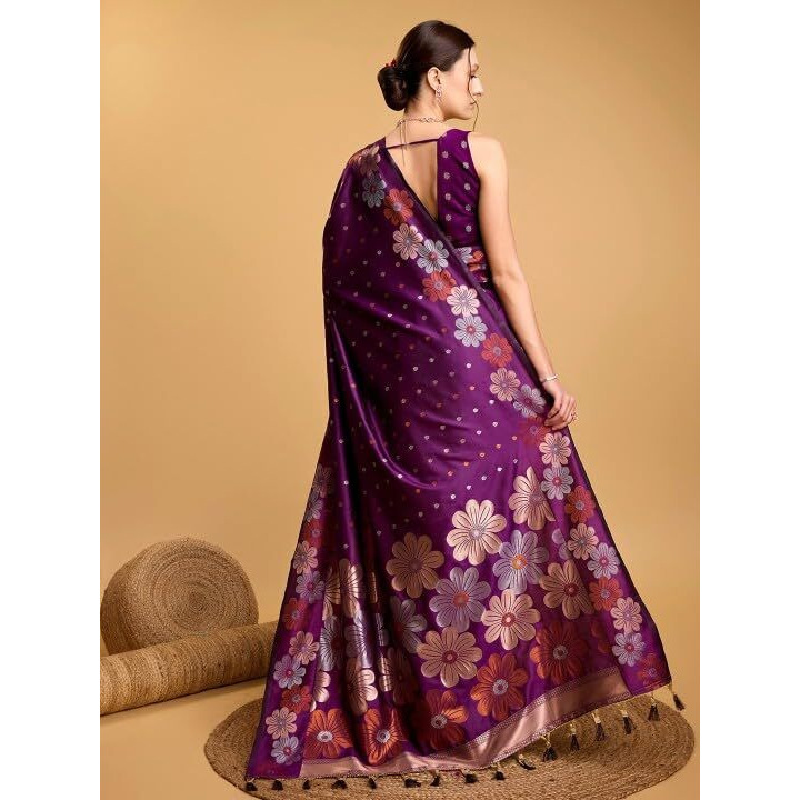 C J Enterprise Women's Banarasi Saree Pure Kanjivaram Silk Saree Soft Design Wear Pattu Sarees Latest Cotton With Blouse Piece Kanchipuram for Wedding sadi new ladies 2025 (Champa-51) (Purple)
