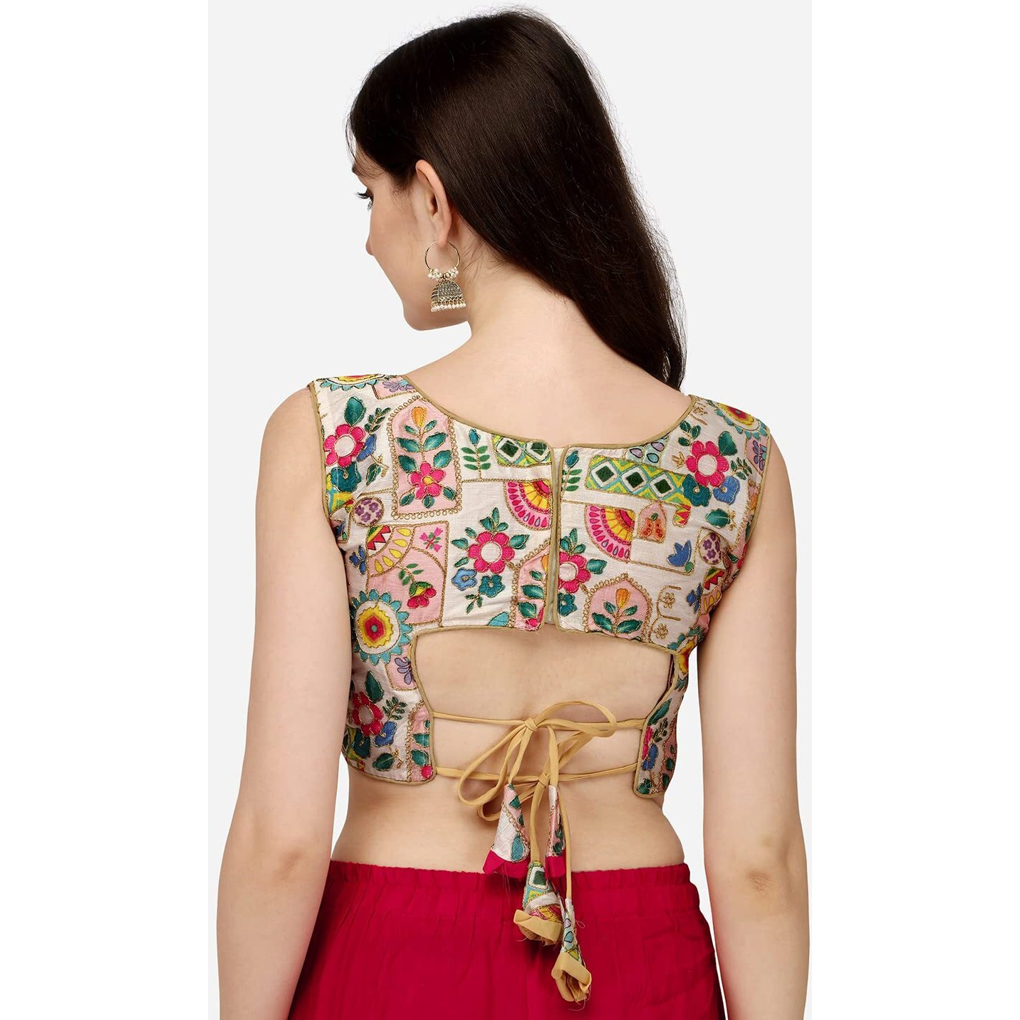 Pujia Mills Women's Phanotm Silk Floral Sleeveless Saree Blouse (Position Print 1 Blouse_White_38 Size)