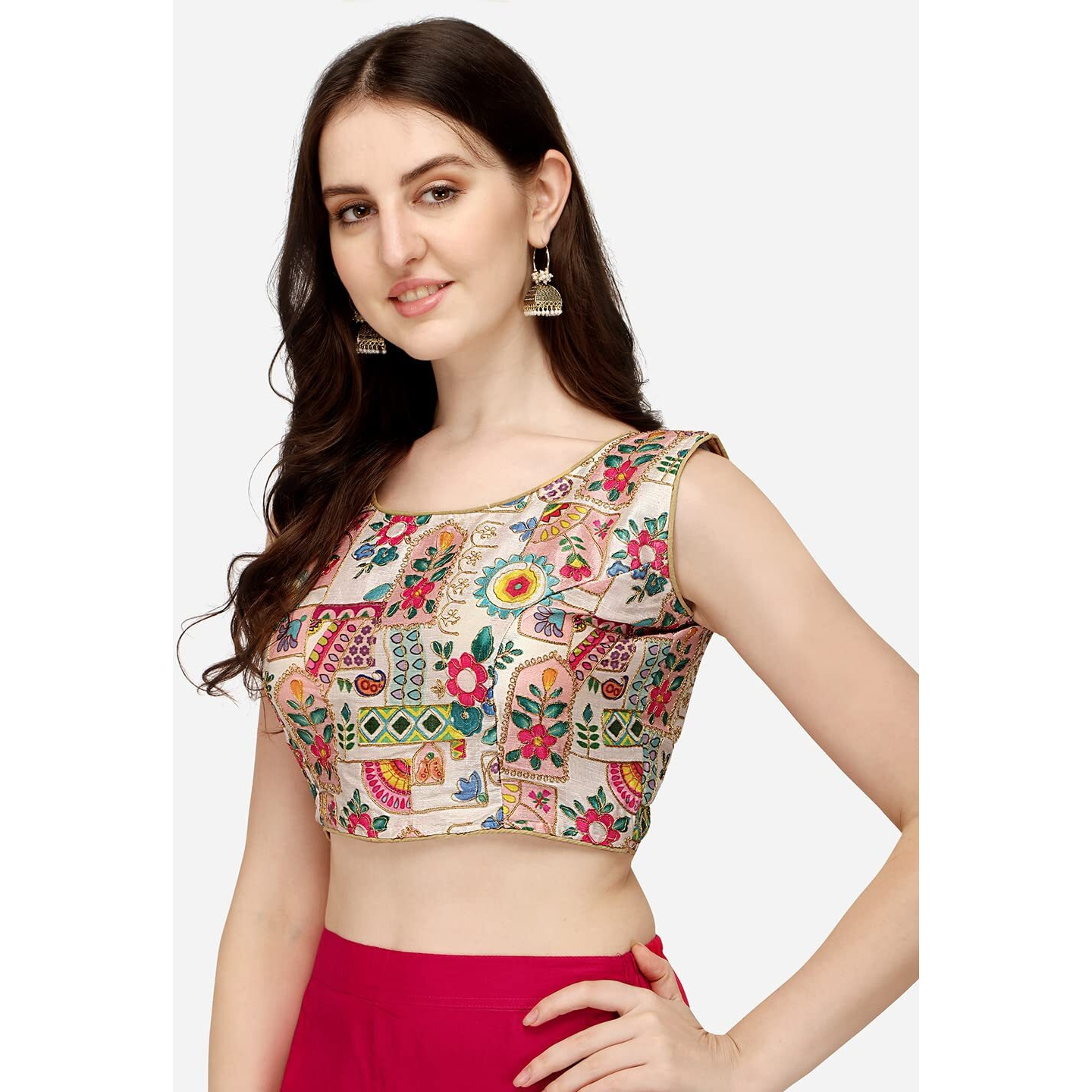 Pujia Mills Women's Phanotm Silk Floral Sleeveless Saree Blouse (Position Print 1 Blouse_White_38 Size)