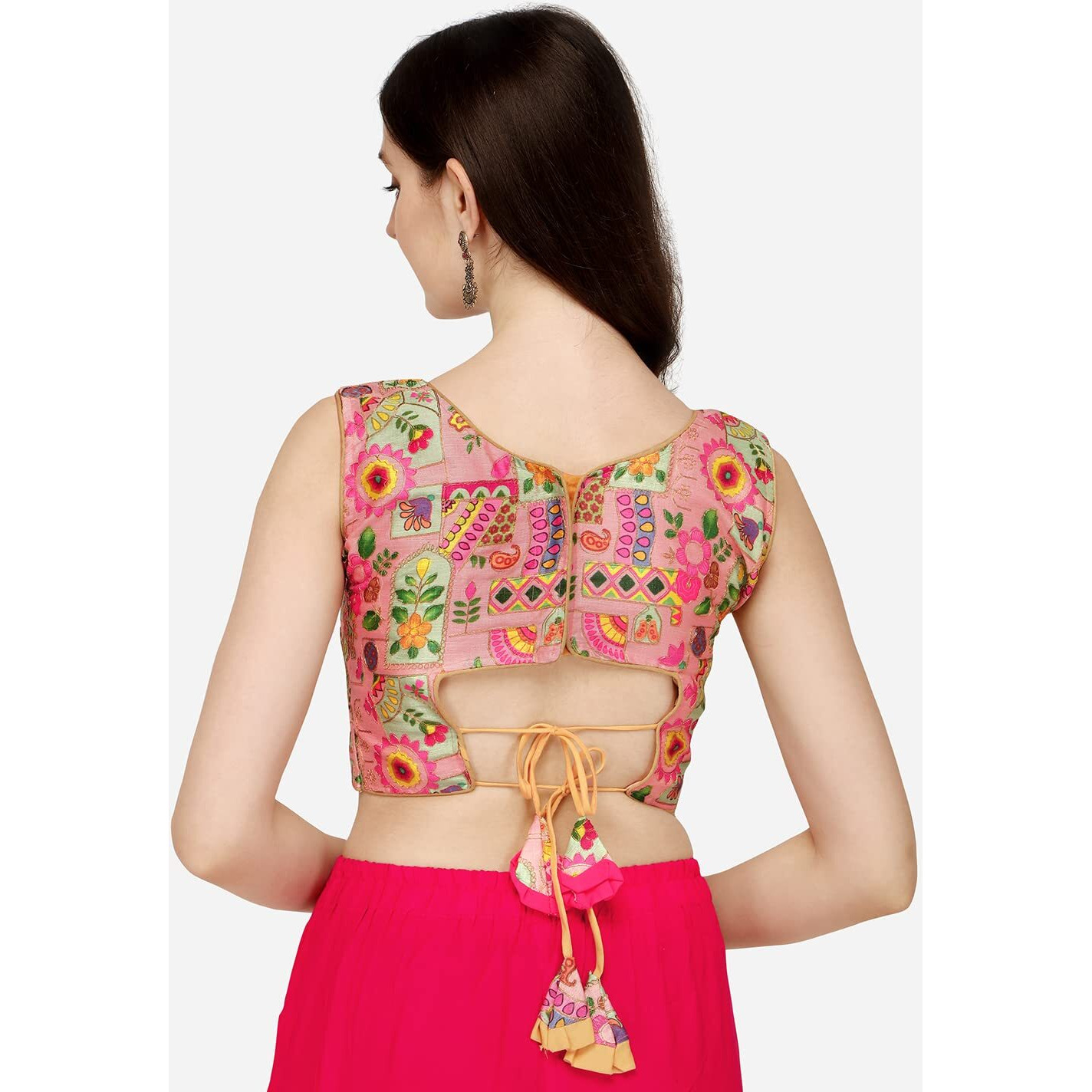 Pujia Mills Women's Phantom Silk Floral Sleeveless Saree Blouse (Position Print 1 Blouse Pink, 34)