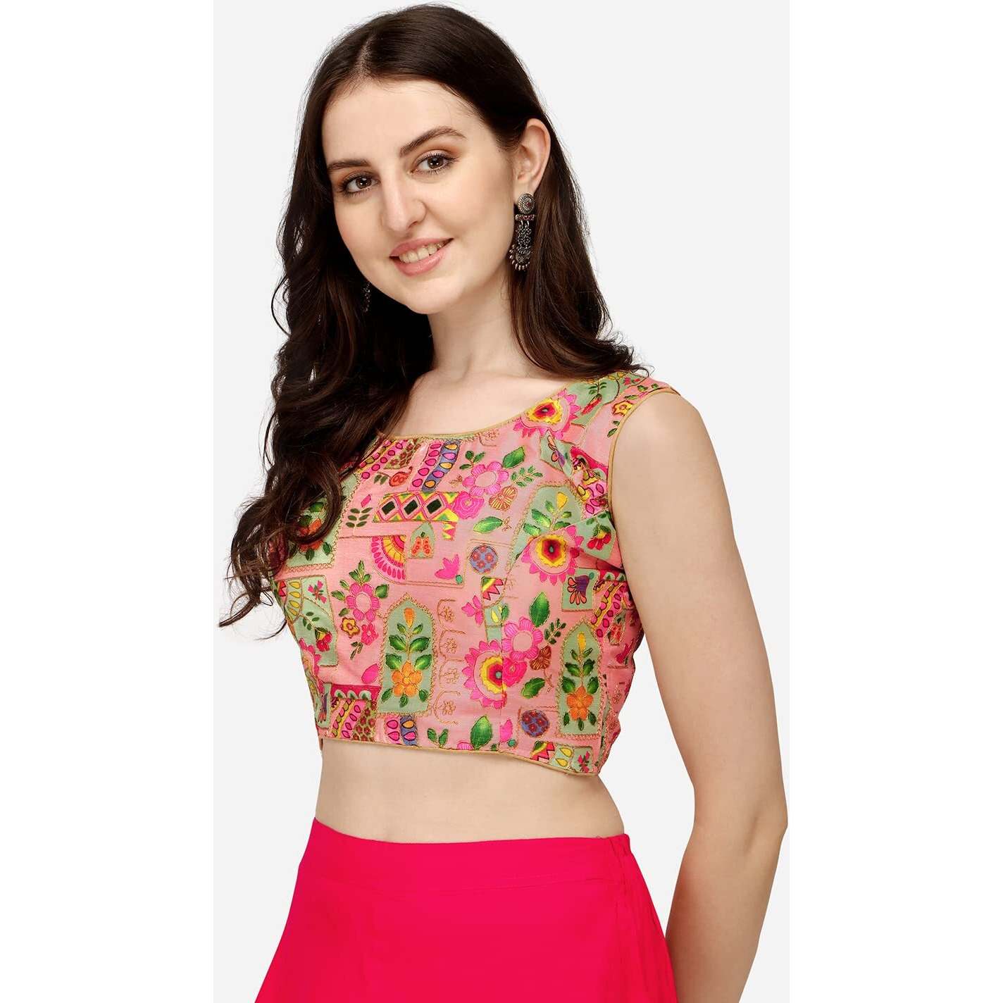 Pujia Mills Women's Phantom Silk Floral Sleeveless Saree Blouse (Position Print 1 Blouse Pink, 34)