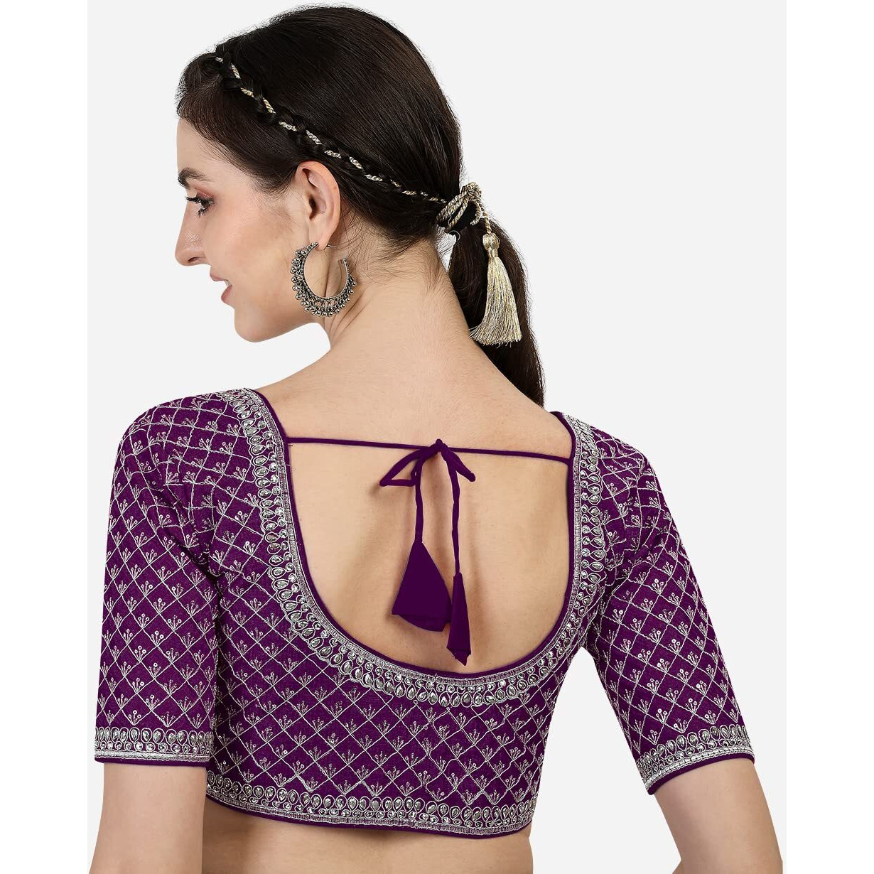 Pujia Mills Women's Heavy Silver Jari Thread Readymade Blouse for Saree Lehenga (Wine, 34)