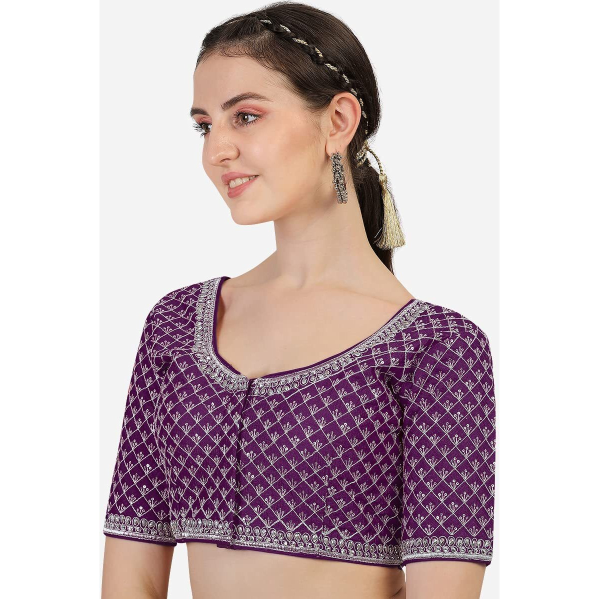 Pujia Mills Women's Heavy Silver Jari Thread Readymade Blouse for Saree Lehenga (Wine, 34)