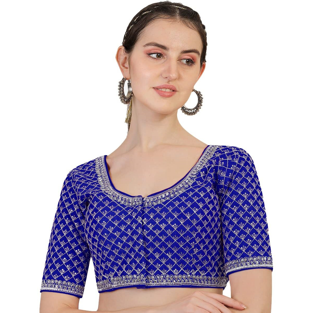 Pujia Mills Women's Heavy Silver Jari Thread Readymade Blouse for Saree Lehenga (Royal Blue, 36)
