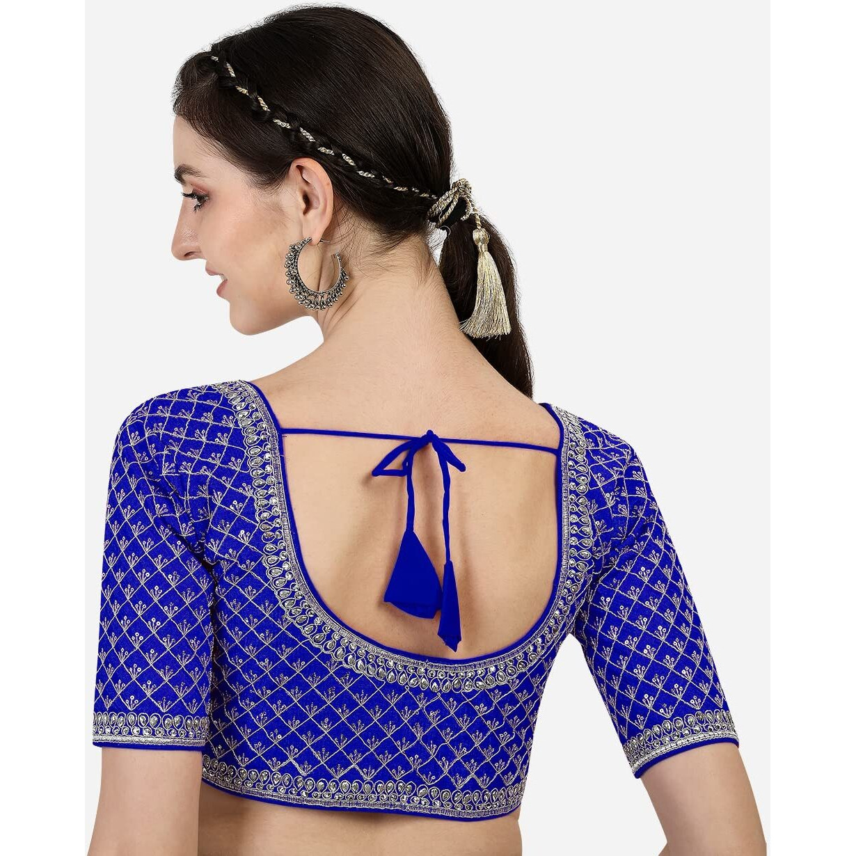 Pujia Mills Women's Heavy Silver Jari Thread Readymade Blouse for Saree Lehenga (Royal Blue, 36)