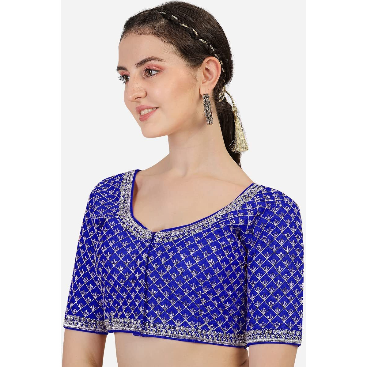 Pujia Mills Women's Heavy Silver Jari Thread Readymade Blouse for Saree Lehenga (Royal Blue, 36)