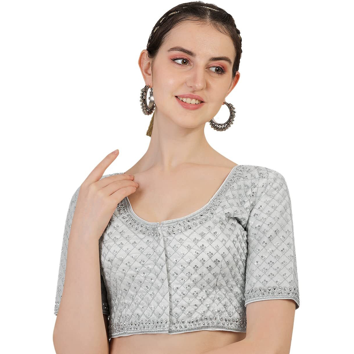 Pujia Mills Women's Heavy Silver Jari Thread Readymade Blouse for Saree Lehenga (White, 36)
