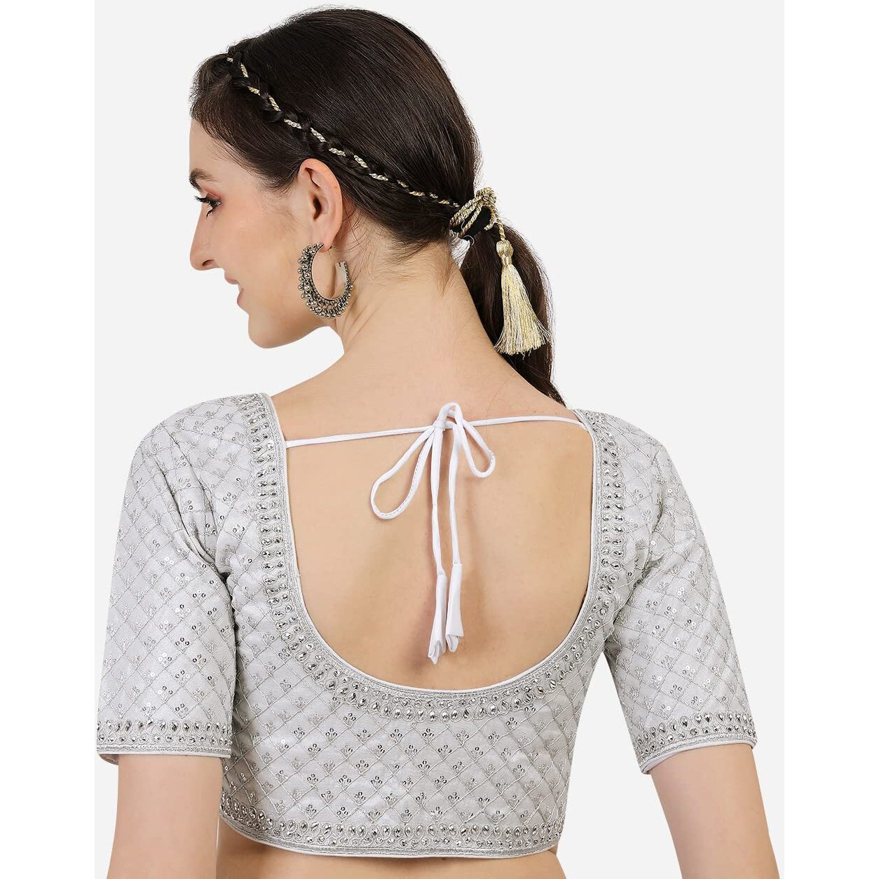 Pujia Mills Women's Heavy Silver Jari Thread Readymade Blouse for Saree Lehenga (White, 36)
