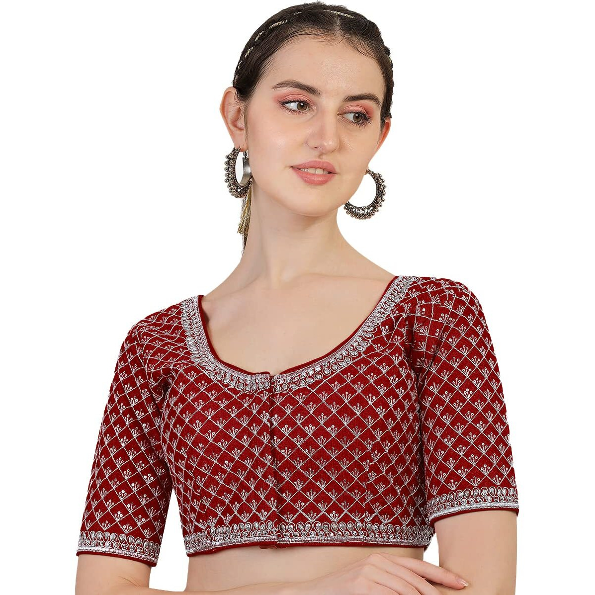 Pujia Mills Women's Heavy Silver Jari Thread Readymade Blouse for Saree Lehenga (Maroon, 32)