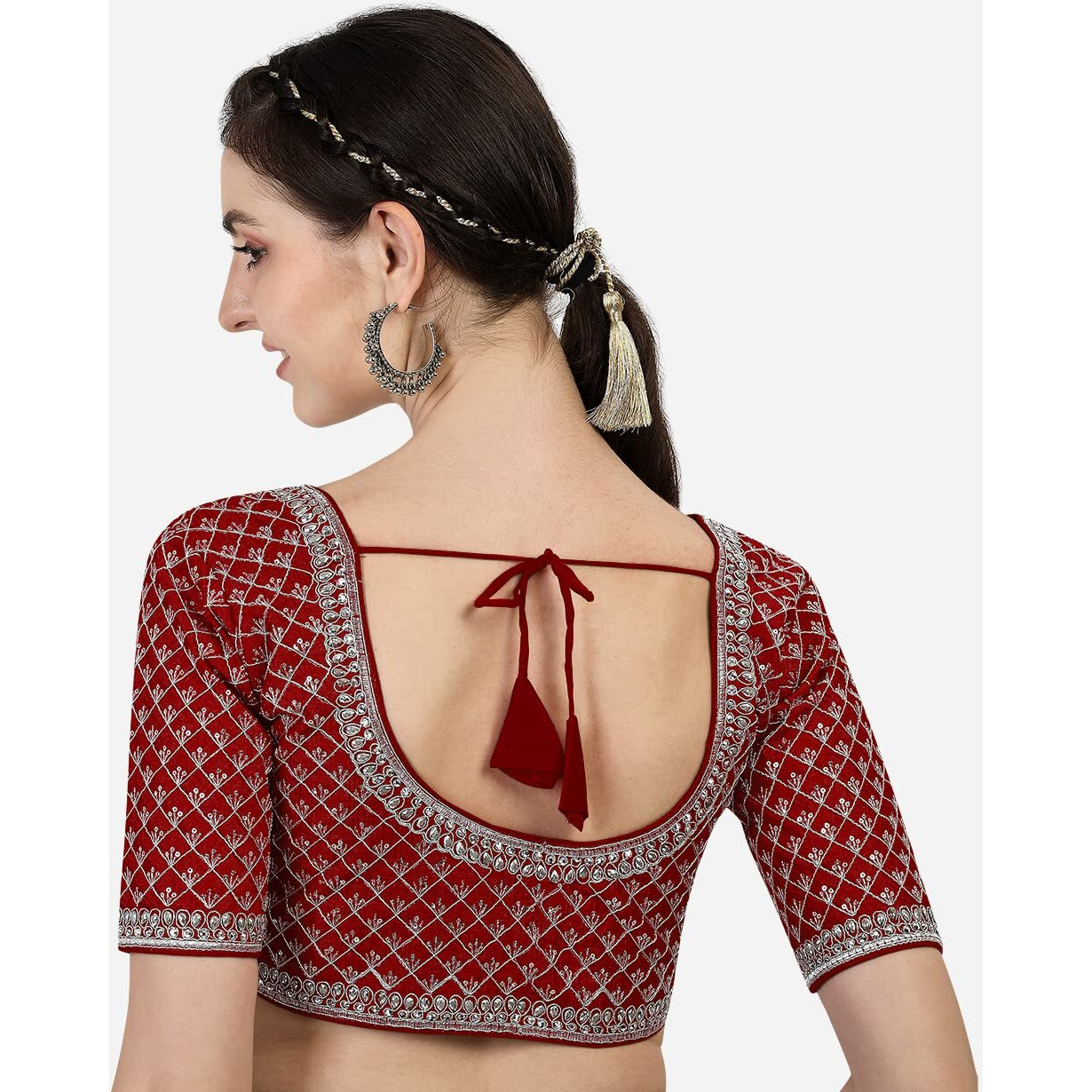 Pujia Mills Women's Heavy Silver Jari Thread Readymade Blouse for Saree Lehenga (Maroon, 32)