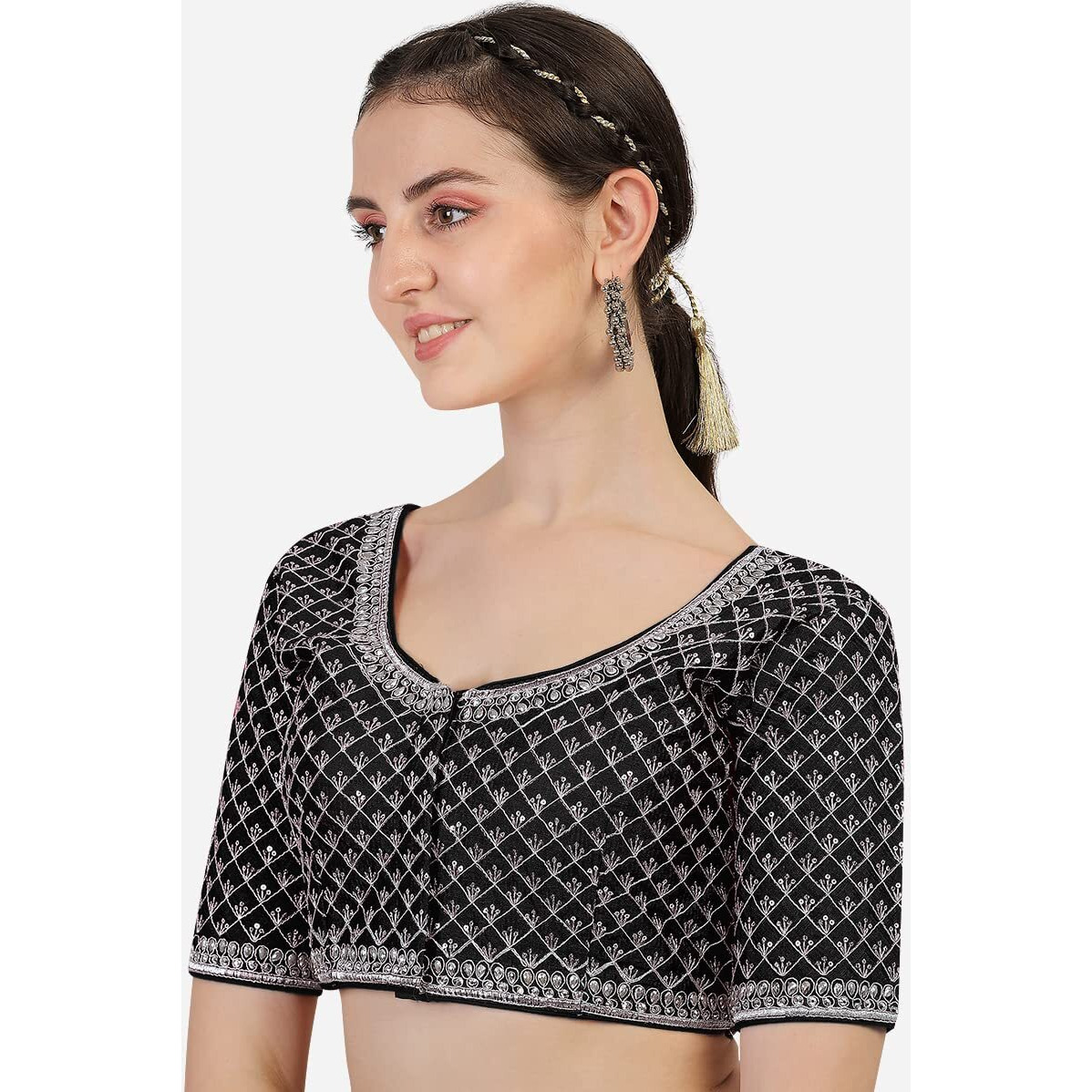 Pujia Mills Women's Heavy Silver Jari Thread Readymade Blouse for Saree Lehenga (Black, 32)