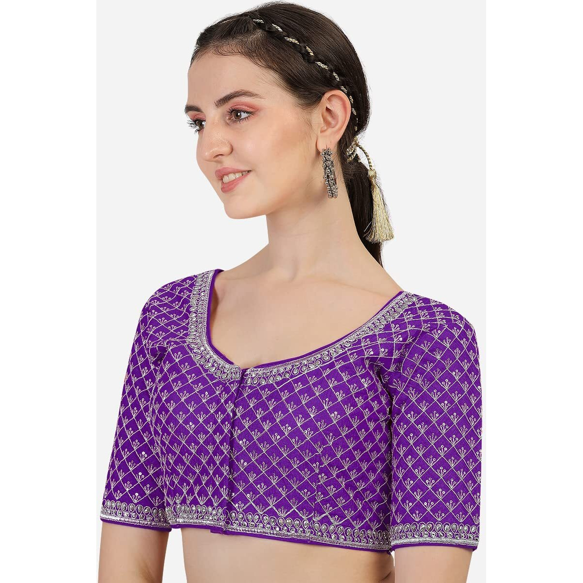Pujia Mills Women's Heavy Silver Jari Thread Readymade Blouse for Saree Lehenga (Purple, 34)