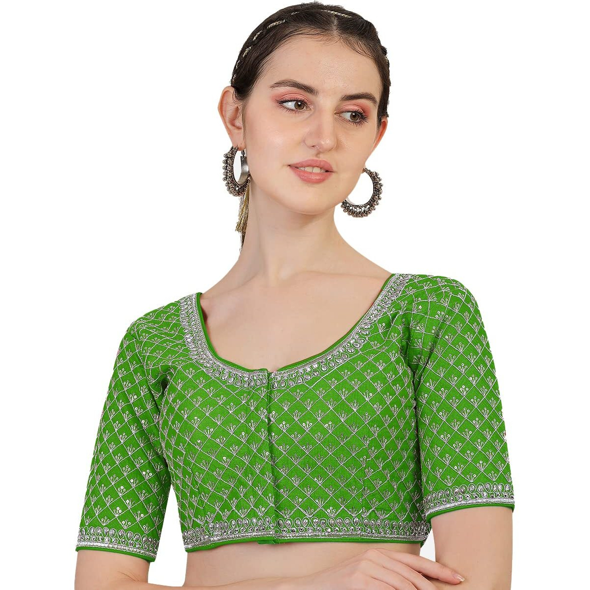 Pujia Mills Women's Heavy Silver Jari Thread Readymade Blouse for Saree Lehenga (Light Green, 38)