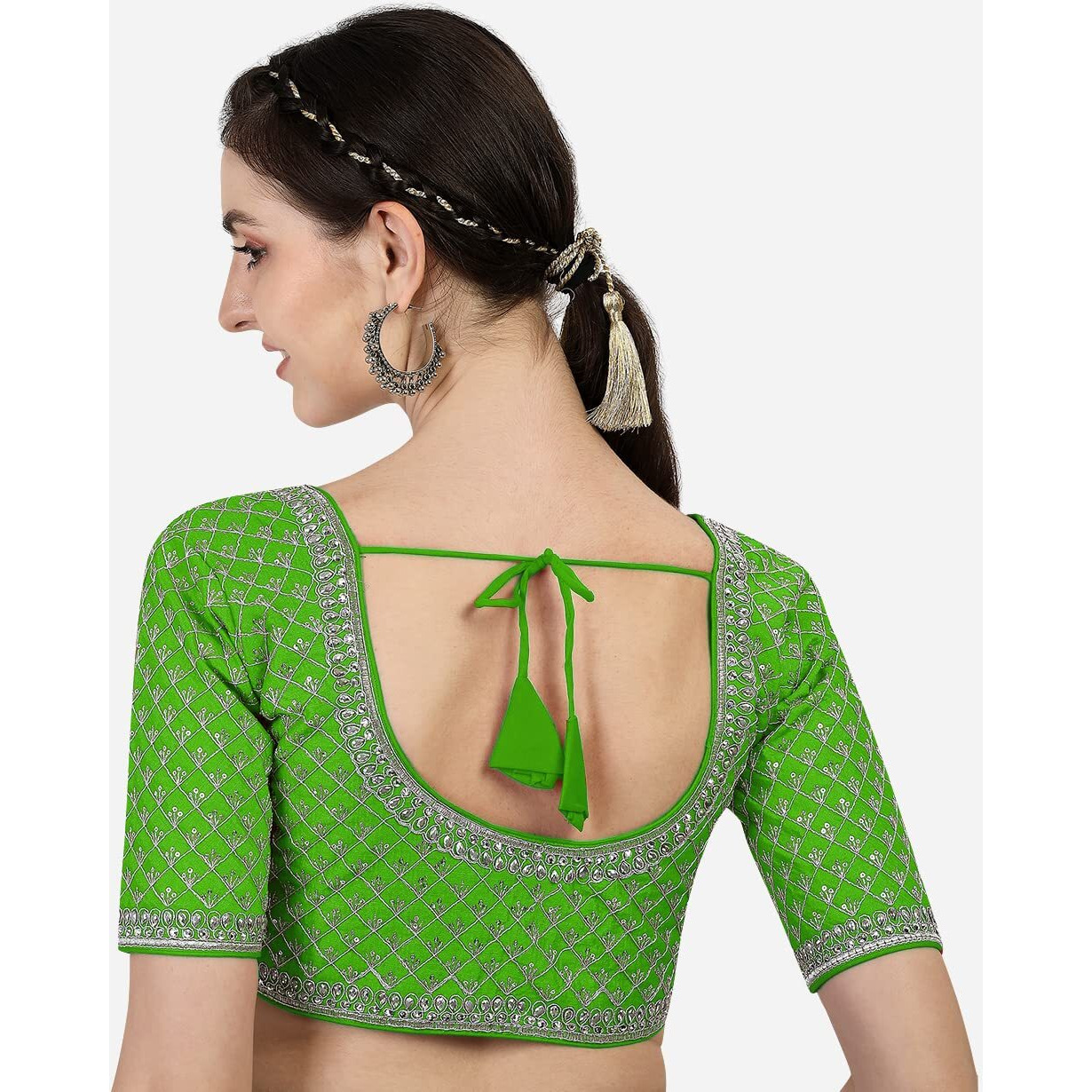 Pujia Mills Women's Heavy Silver Jari Thread Readymade Blouse for Saree Lehenga (Light Green, 38)