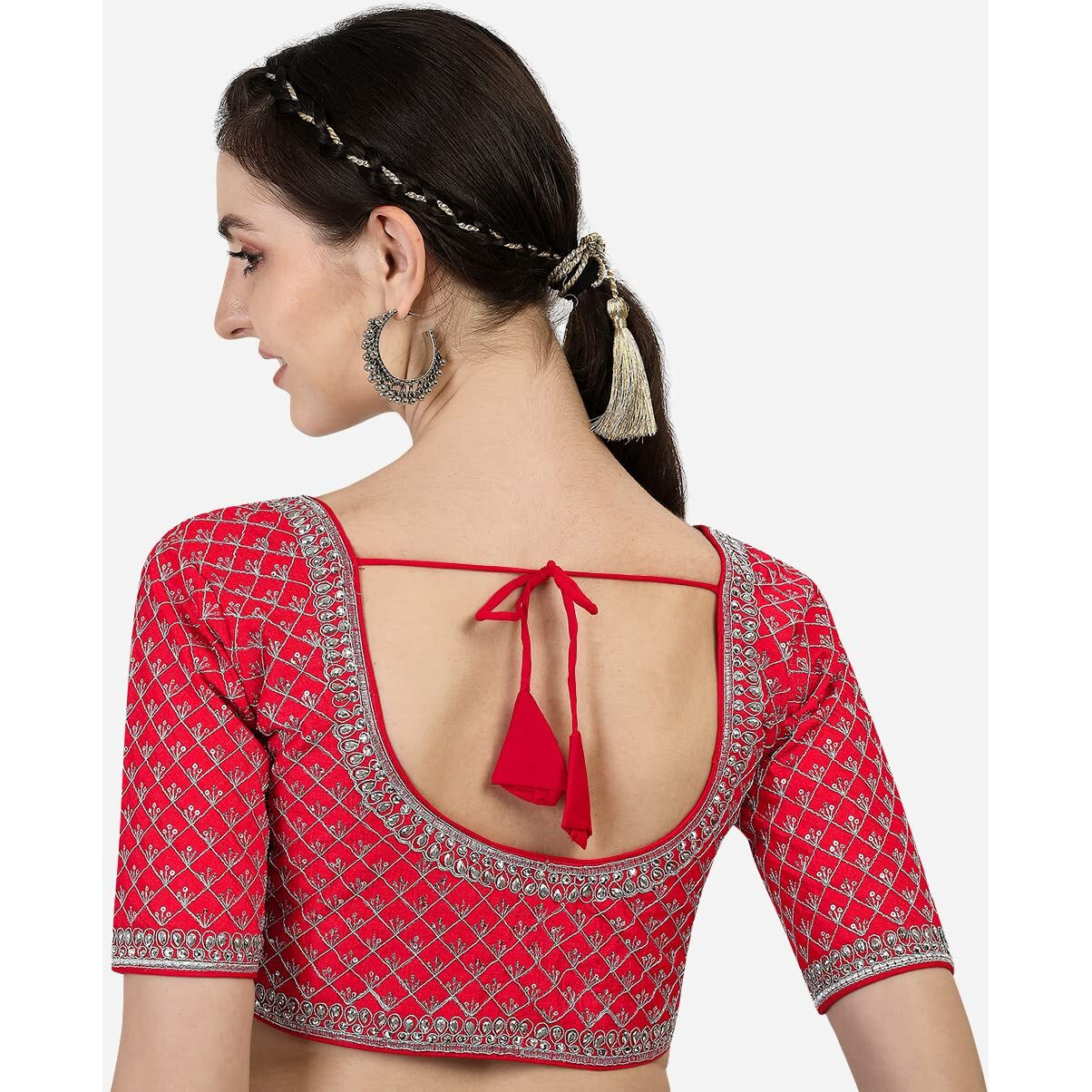Pujia Mills Women's Heavy Silver Jari Thread Readymade Blouse for Saree Lehenga (Red, 34)