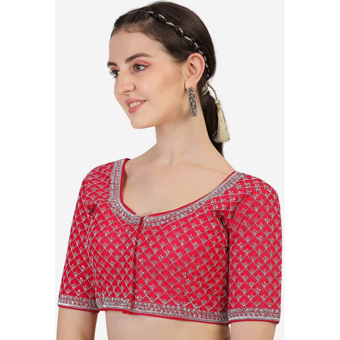 Pujia Mills Women's Heavy Silver Jari Thread Readymade Blouse for Saree Lehenga (Red, 34)