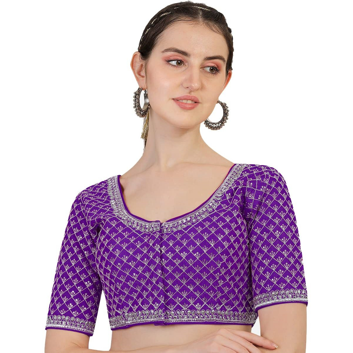 Pujia Mills Women's Heavy Silver Jari Thread Readymade Blouse for Saree Lehenga (Purple, 32)