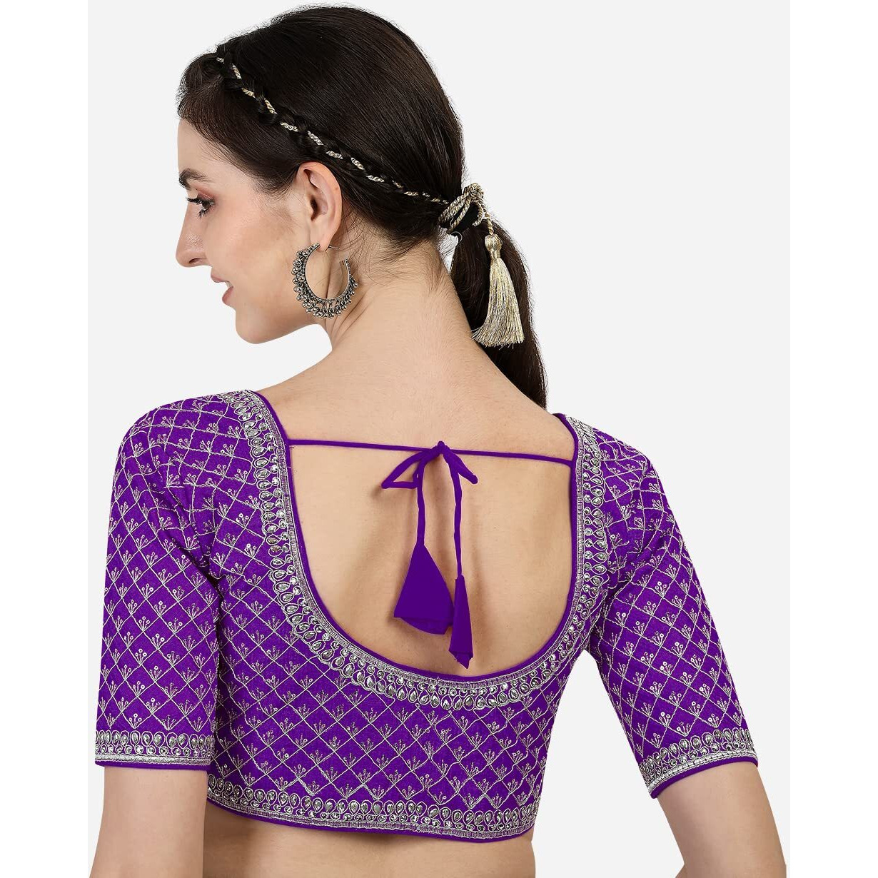 Pujia Mills Women's Heavy Silver Jari Thread Readymade Blouse for Saree Lehenga (Purple, 32)