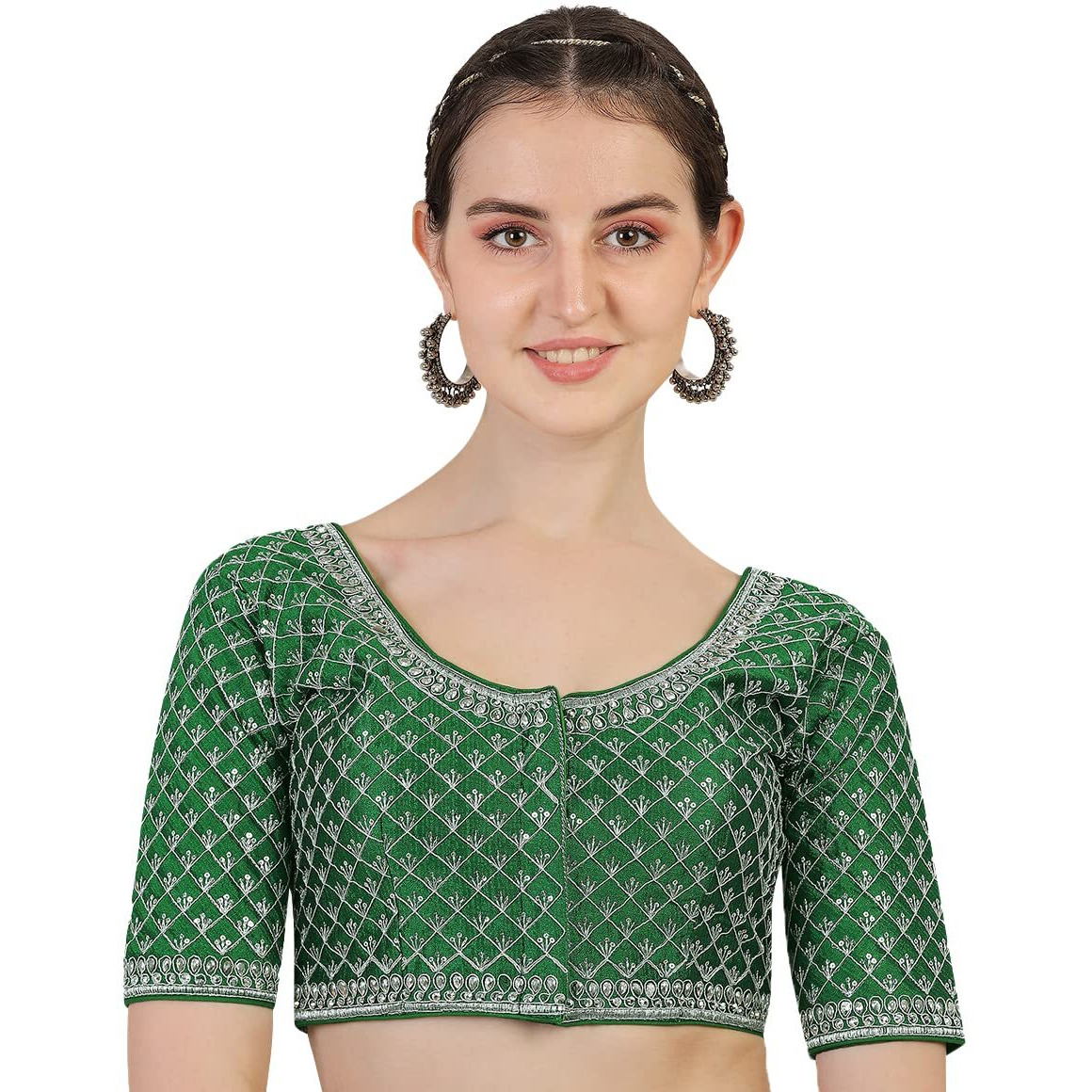 Pujia Mills Women's Heavy Silver Jari Thread Readymade Blouse for Saree Lehenga (Green, 36)