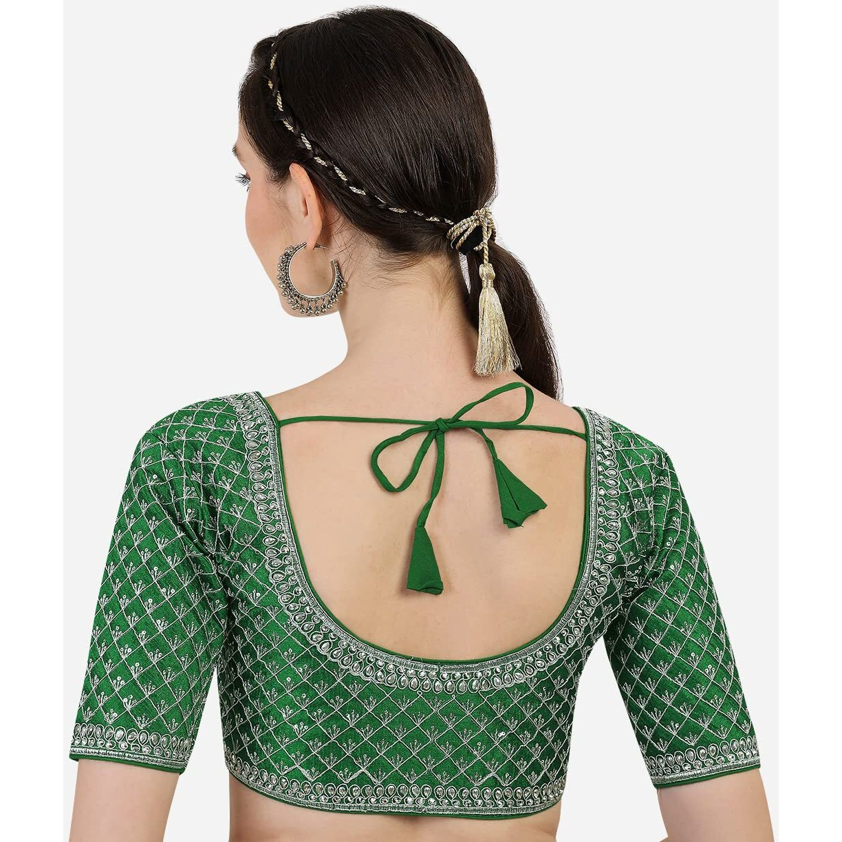 Pujia Mills Women's Heavy Silver Jari Thread Readymade Blouse for Saree Lehenga (Green, 36)