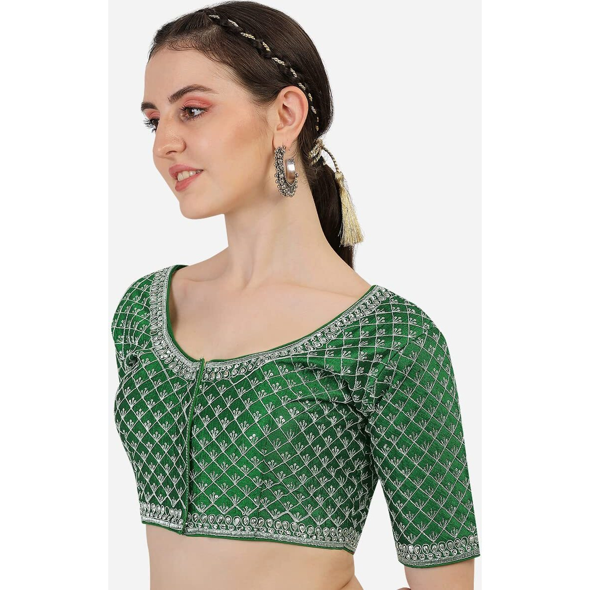 Pujia Mills Women's Heavy Silver Jari Thread Readymade Blouse for Saree Lehenga (Green, 36)