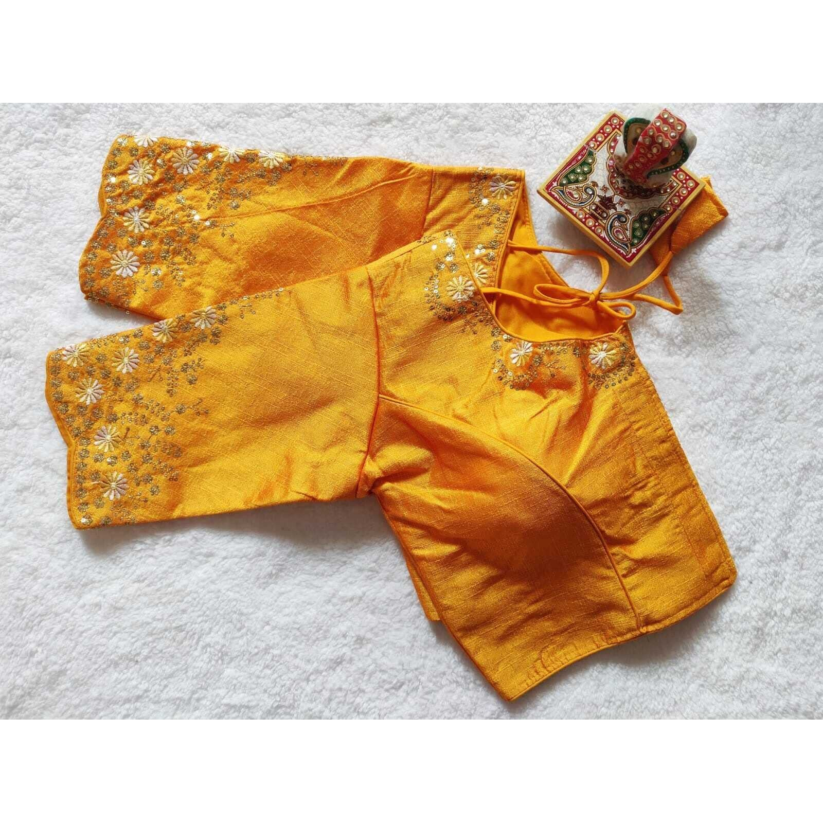 Pujia Mills Women's Silk Embroidery Sequence Work Half Sleeve Readymade Blouse (Yellow, 32)