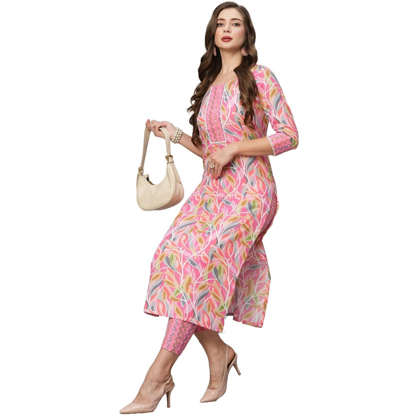 GoSriKi Women's Cotton Blend Floral Straight Kurta with Pant (Pahal-GS_Pink_L)