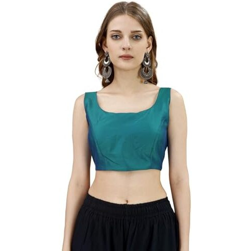 Womanista Women's Tafeta Solid Sleeveless Regular Fit Sequinned Blouse (BLS_55_Teal L)