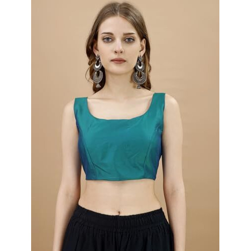 Womanista Women's Tafeta Solid Sleeveless Regular Fit Sequinned Blouse (BLS_55_Teal L)