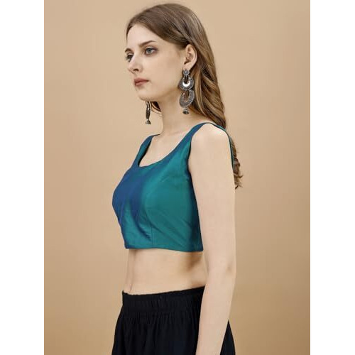 Womanista Women's Tafeta Solid Sleeveless Regular Fit Sequinned Blouse (BLS_55_Teal L)