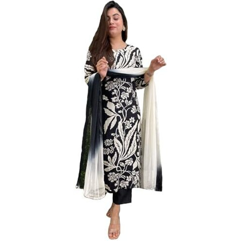 ANNI DESIGNER Women's Cotton Blend Printed Straight Kurta with Pant & Dupatta (Jasper Black_M_Black_Medium)