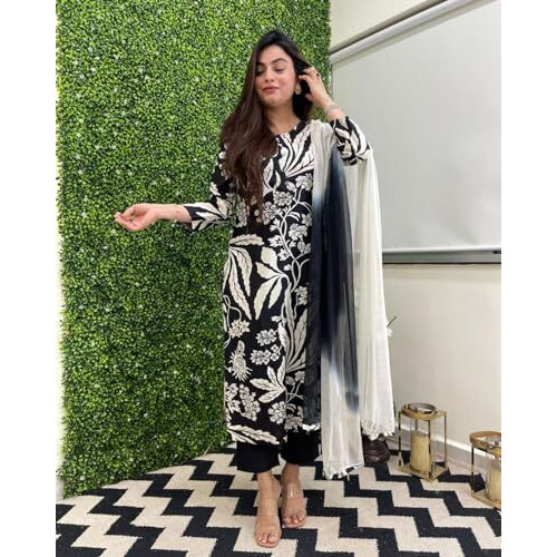 ANNI DESIGNER Women's Cotton Blend Printed Straight Kurta with Pant & Dupatta (Jasper Black_M_Black_Medium)
