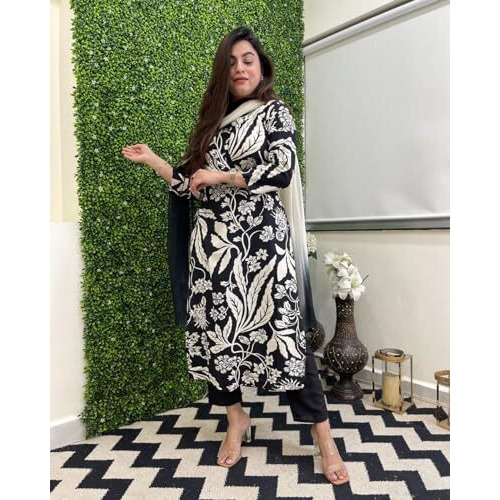 ANNI DESIGNER Women's Cotton Blend Printed Straight Kurta with Pant & Dupatta (Jasper Black_M_Black_Medium)