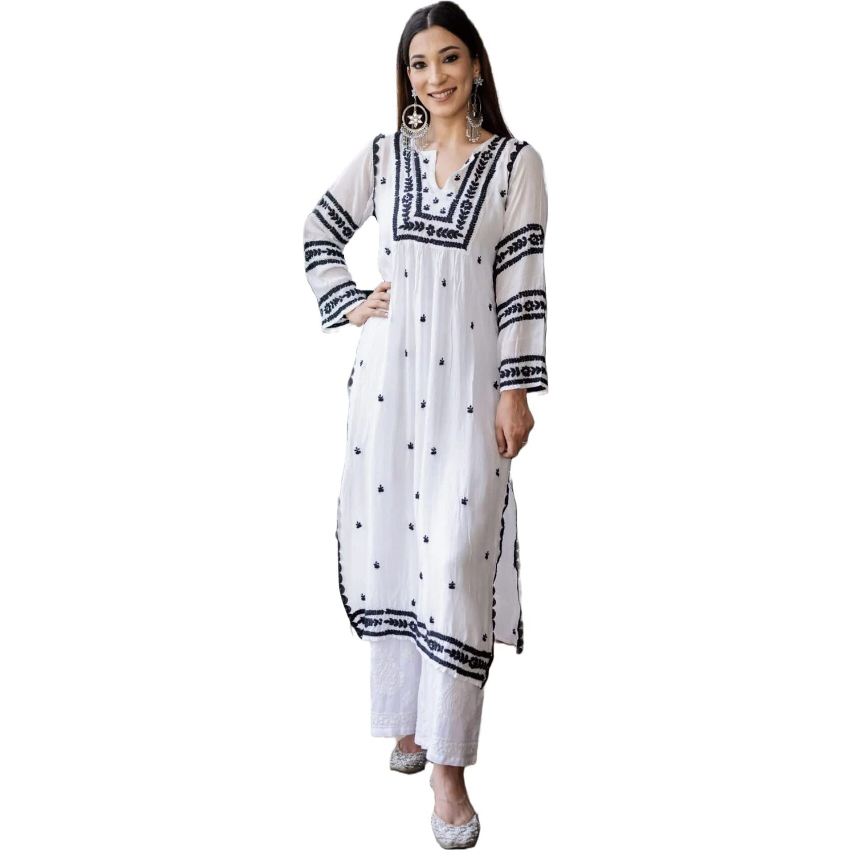 ANNI DESIGNER Women's Cotton Blend Embroidered Straight Kurta (Stho-White-Nw_M_White_Medium)