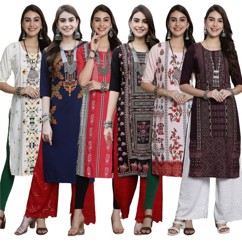 Pinkmint Women's Crepe Digital Print Straight Kurta [Pack of 6]