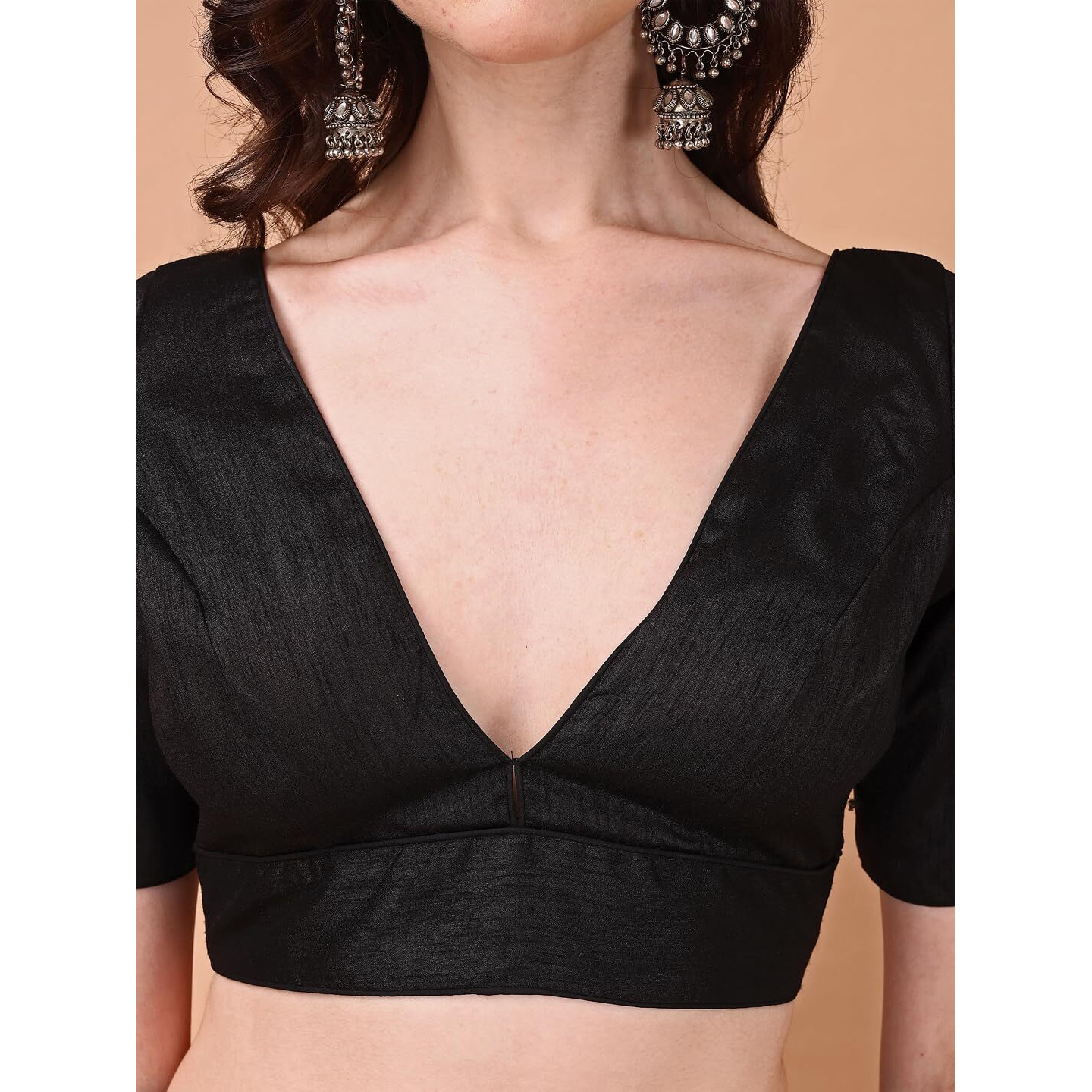 Womanista Women's Dupion Silk Solid Short Sleeve Regular Fit V Neck Blouse (BL_64_Black XL)