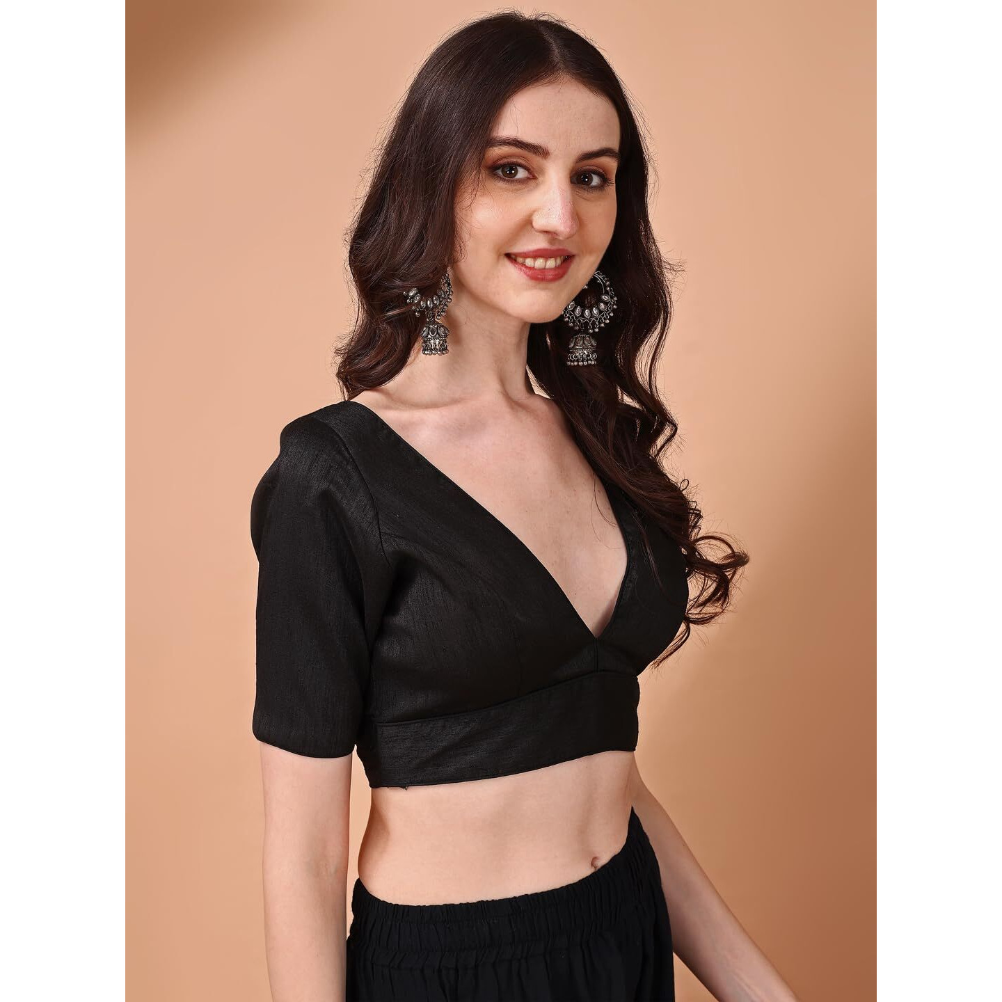 Womanista Women's Dupion Silk Solid Short Sleeve Regular Fit V Neck Blouse (BL_64_Black XL)