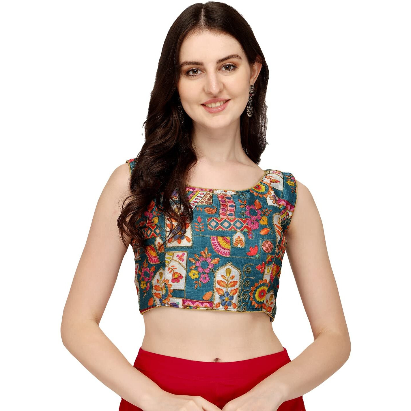 Pujia Mills Women's Phantom Silk Floral Sleeveless Saree Blouse (Sky Blue, 36)