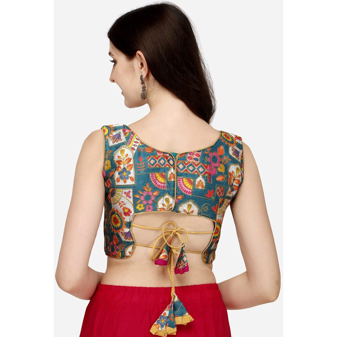 Pujia Mills Women's Phantom Silk Floral Sleeveless Saree Blouse (Sky Blue, 36)